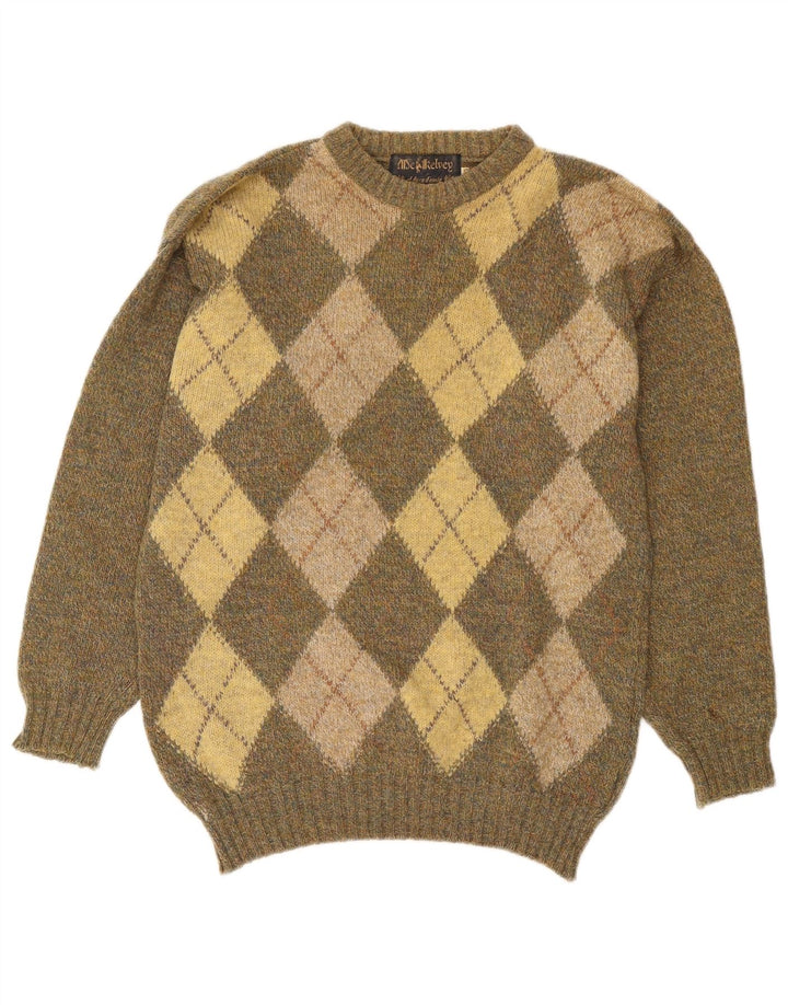 Vintage Herre Crew Neck Jumper Sweater UK 40 Medium Khaki Argyle/Diamond