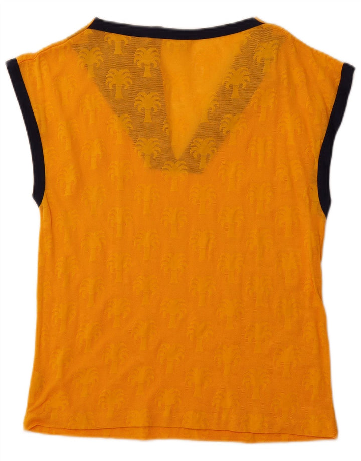 VINTAGE Womens See Through Top UK 12 Medium Orange Floral Cotton
