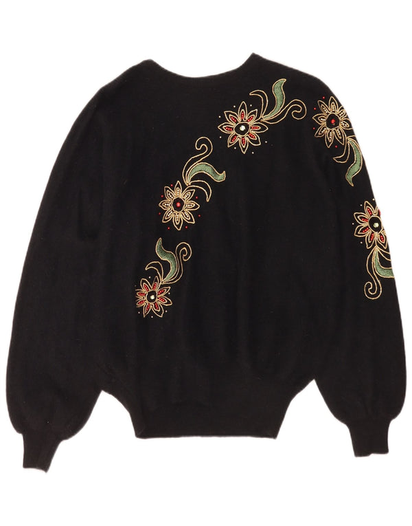 Vintage Dame Batwing Crew Neck Jumper Sweater UK 18 XL Black Floral