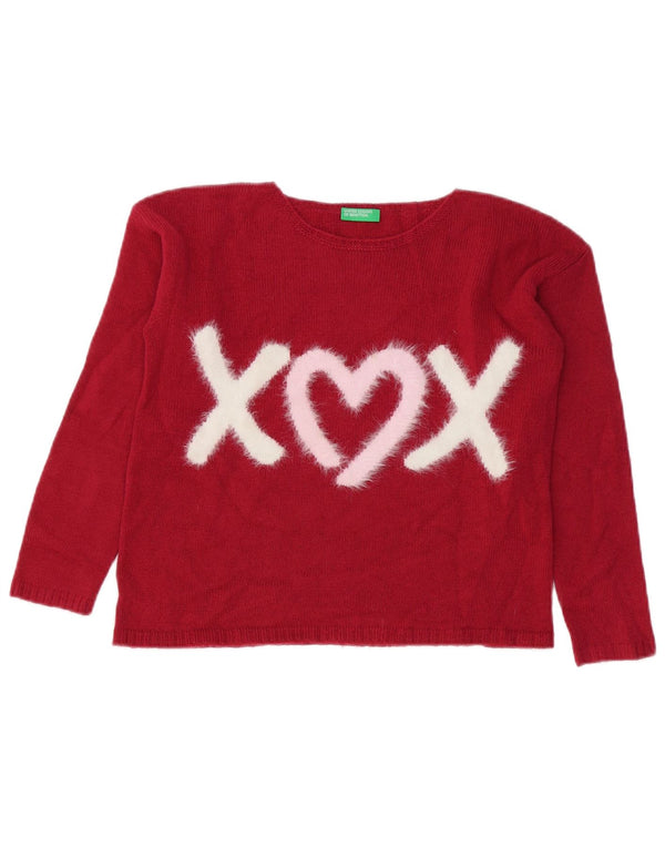 Benetton Girls Grafisk Boat Neck Jumper Sweater 10-11 år XL Rød Akryl