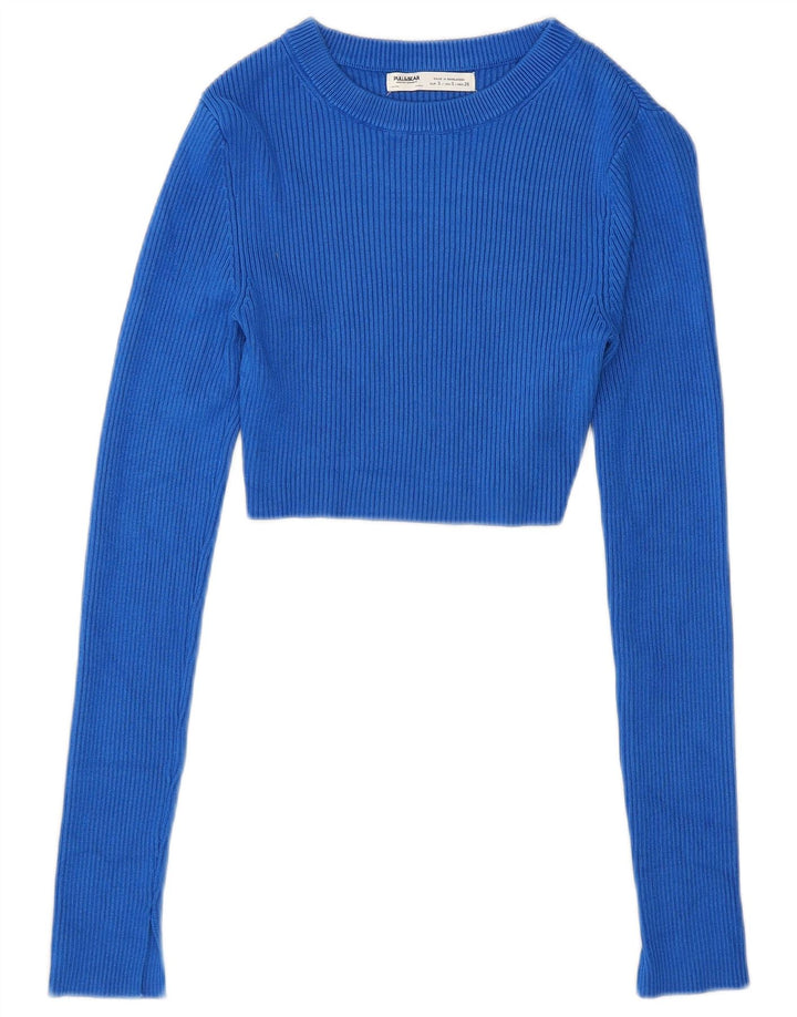 Pull & Bear Dame Crop Boat Neck Jumper Sweater UK 8 Small Blue