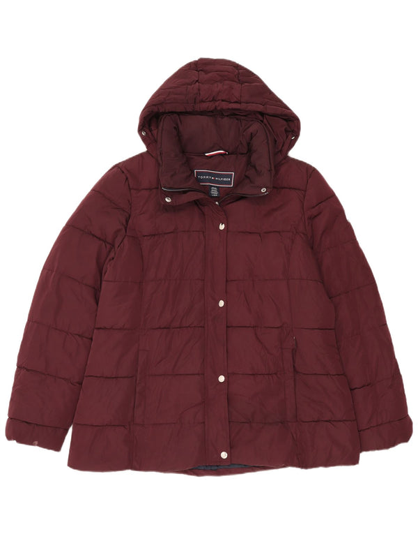 Tommy Hilfiger Dame Hætte Polstret Jakke UK 16 Large Burgundy Polyester