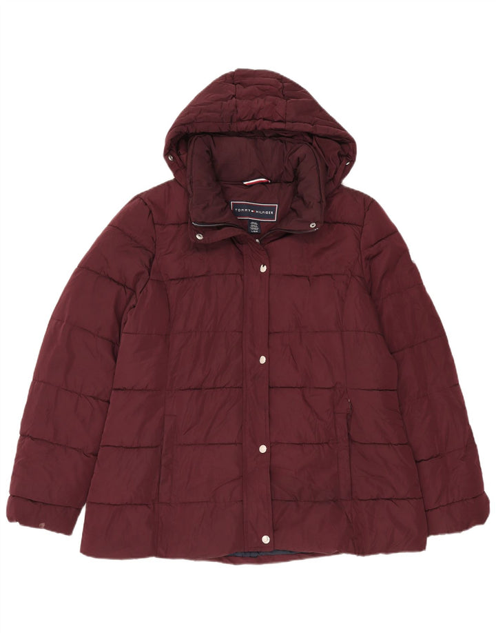 Tommy Hilfiger Dame Hætte Polstret Jakke UK 16 Large Burgundy Polyester