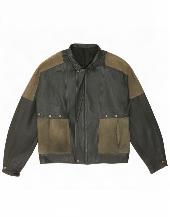 Maxime Herre Læderjakke IT 56 3XL Khaki Colourblock