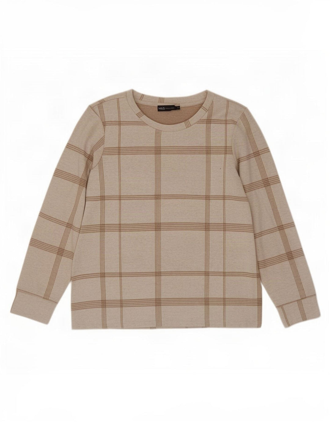Marks & Spencer Dametop Langærmet UK 12 Medium Beige Plaid Polyester