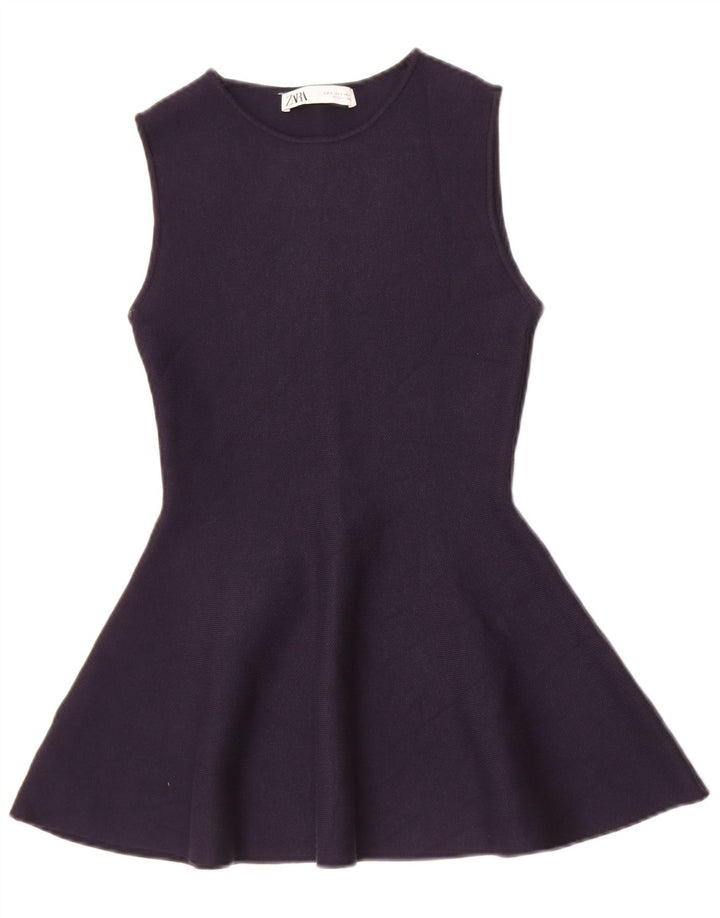 Zara Dame Oversized ærmeløs Tunika Top UK 10 Small Navy Blue Viscose