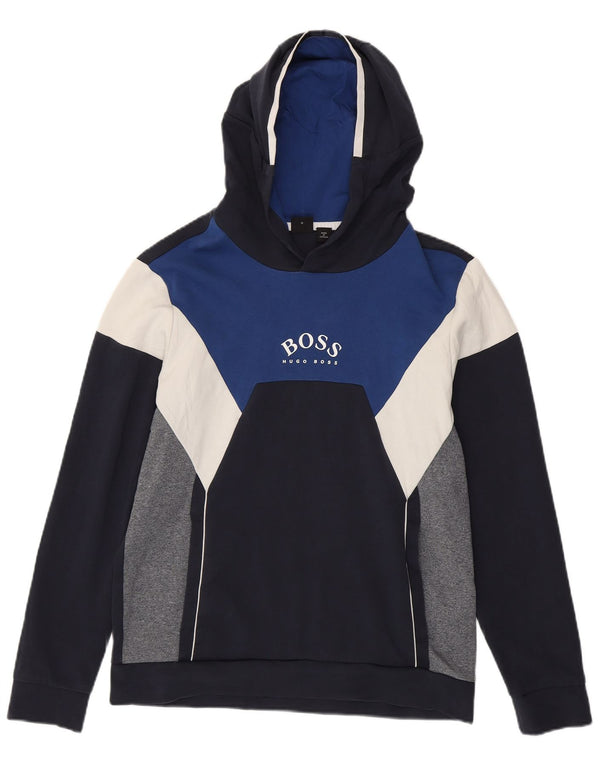 Hugo Boss Herre grafisk hættetrøje Jumper Medium Marineblå Colourblock Bomuld