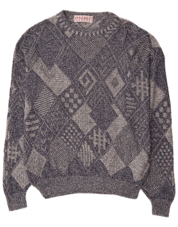 Vintage Herre Boat Neck Jumper Sweater IT 48 Medium Blue Geometrisk Bomuld
