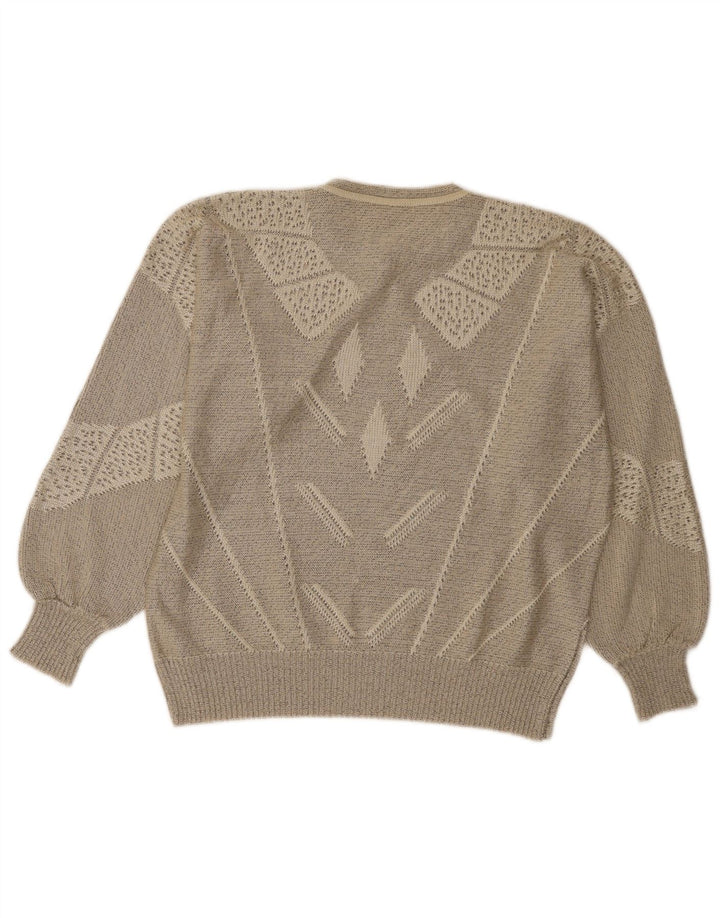 Vintage Womens Button Neck Jumper Sweater UK 14 Large Grå Geometrisk