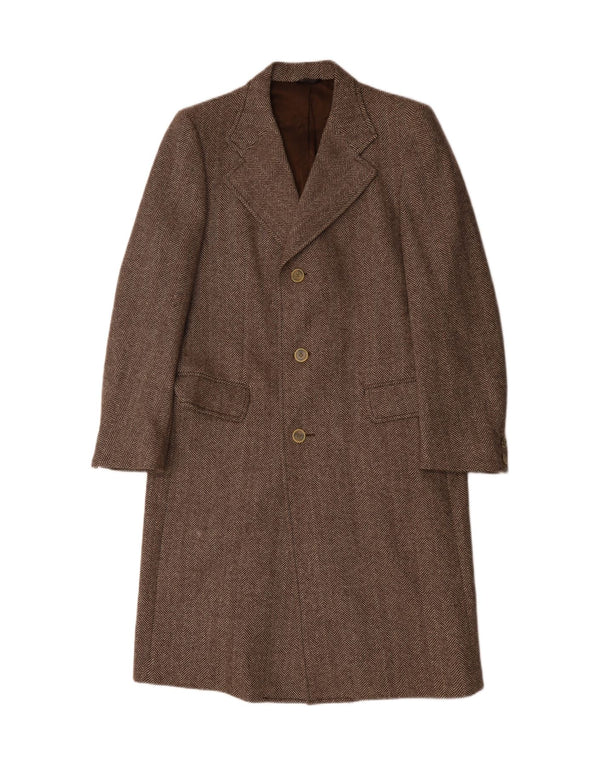 Vintage overfrakke til mænd UK 36 Small Brown Herringbone Virgin Wool