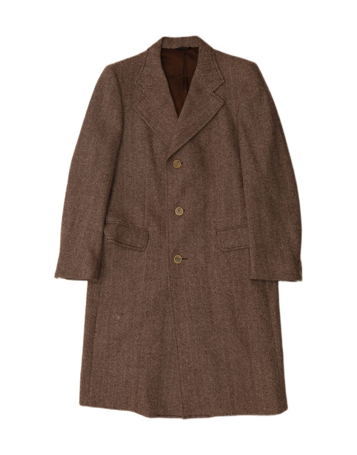 Vintage overfrakke til mænd UK 36 Small Brown Herringbone Virgin Wool