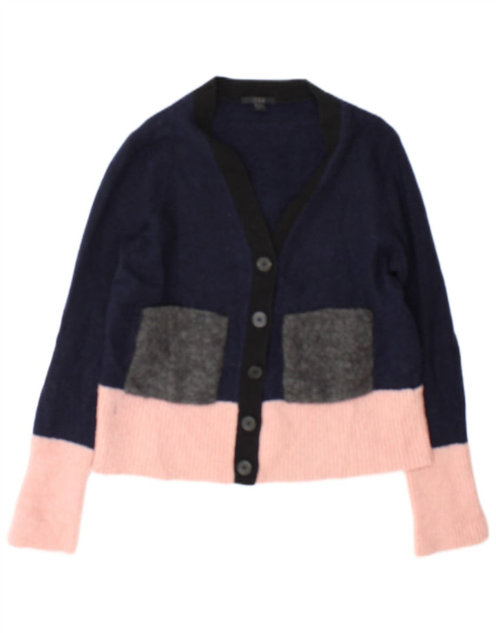 Cos Dame Cardigan Sweater UK 14 Medium Navy Blue Colourblock Bomuld