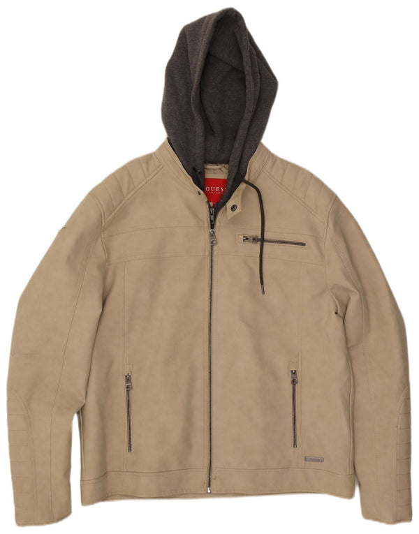 Guess Herre hætte i imiteret læder racerjakke UK 42 Stor Beige Colourblock