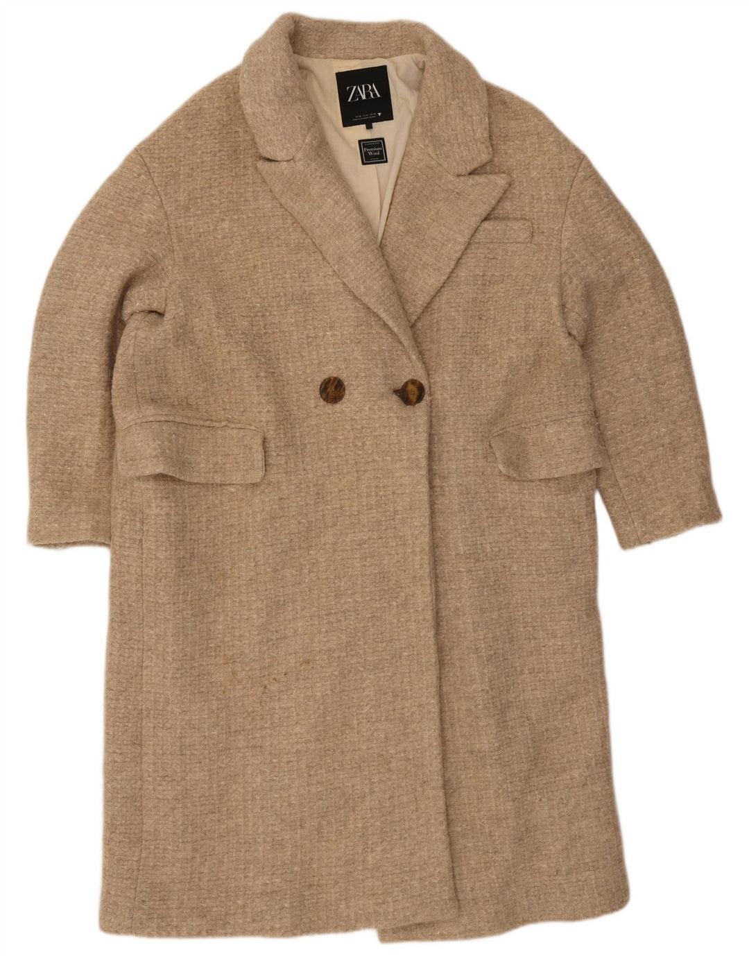 Zara Dame Dobbeltradet Frakke UK 42 XL Beige Uld