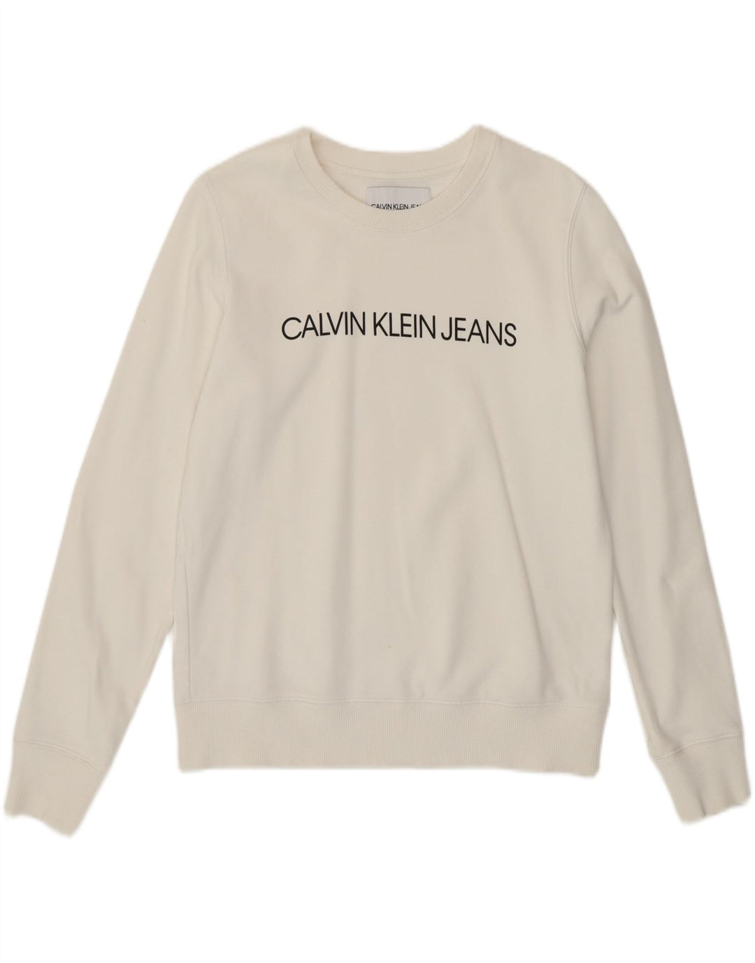 CALVIN KLEIN JEANS Womens Graphic Sweatshirt Jumper UK 10 Small White Vintage Calvin Klein Jeans and Second-Hand Calvin Klein Jeans from Messina Hembry 