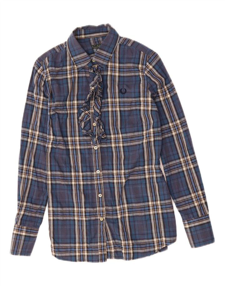 FRED PERRY Womens Ruffle Front Shirt UK 12 Medium Blue Check Cotton Vintage Fred Perry and Second-Hand Fred Perry from Messina Hembry 