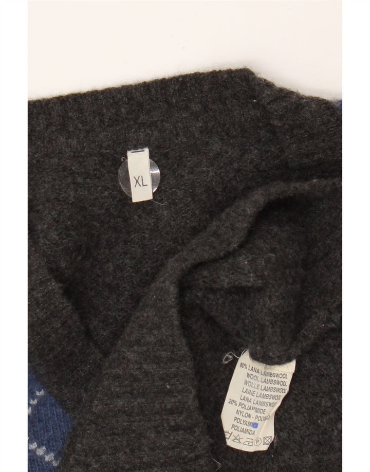 Vintage herre V-hals sweater XL Grå Argyle/Diamond lammeuld
