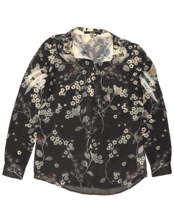 Guess Dame Se Through Shirt Bluse UK 14 Medium Black Floral Polyester