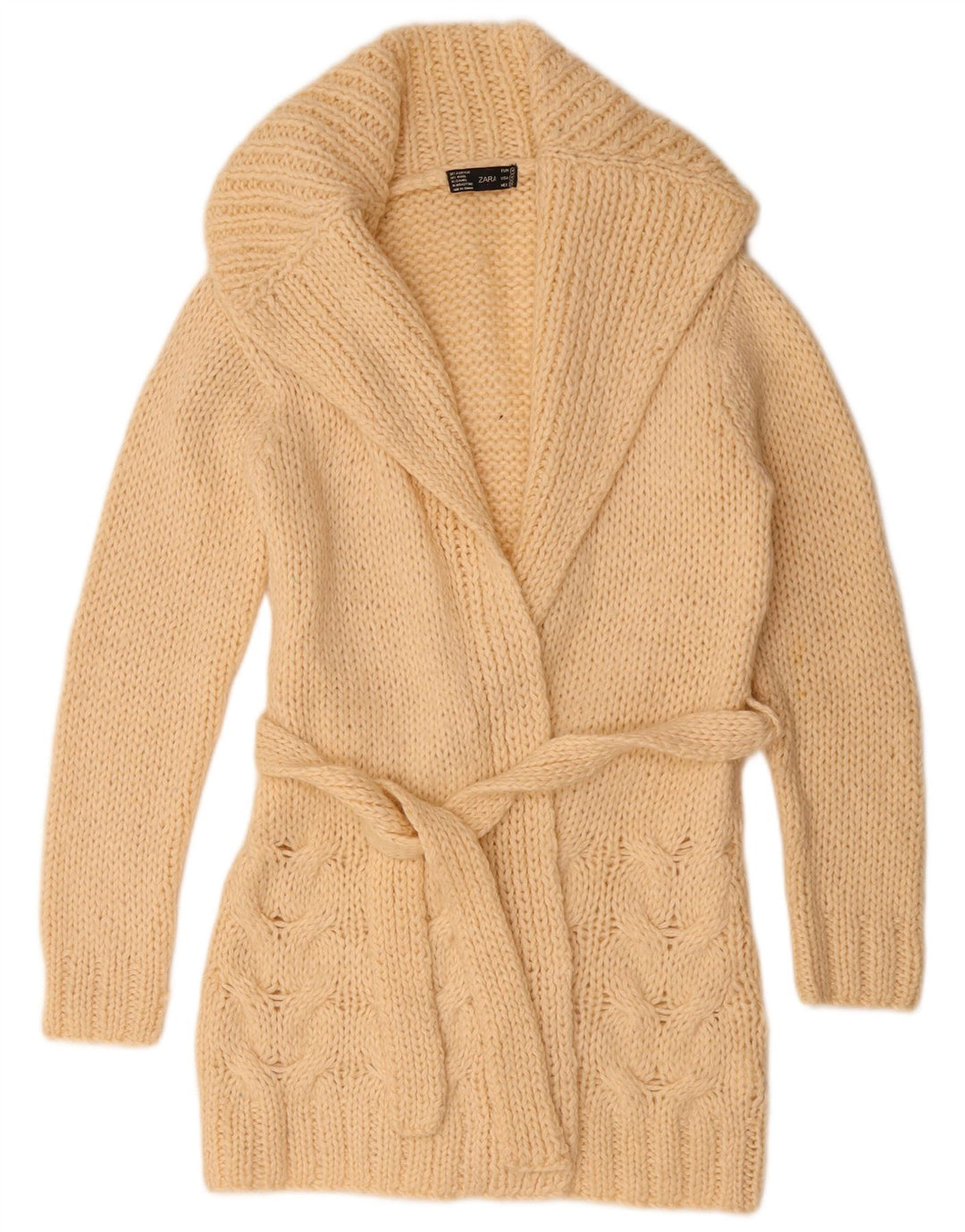 Zara Womens Longline Open Cardigan Sweater UK 14 Medium Beige Akryl