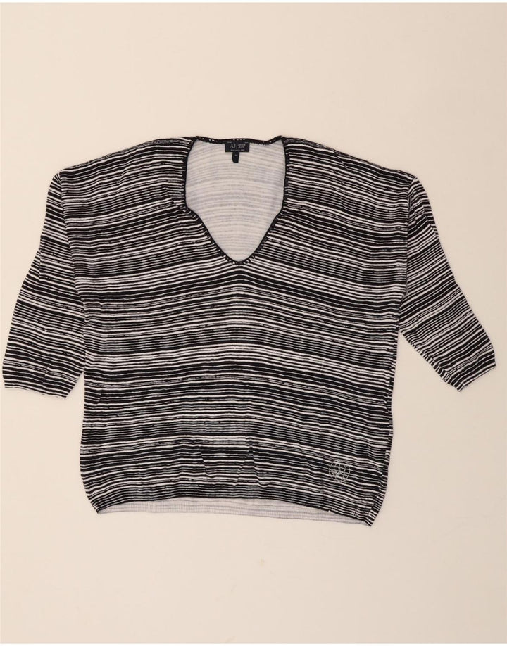 ARMANI JEANS Womens V-Neck Jumper Sweater IT 42 Medium Navy Blue Striped Vintage Armani Jeans and Second-Hand Armani Jeans from Messina Hembry 