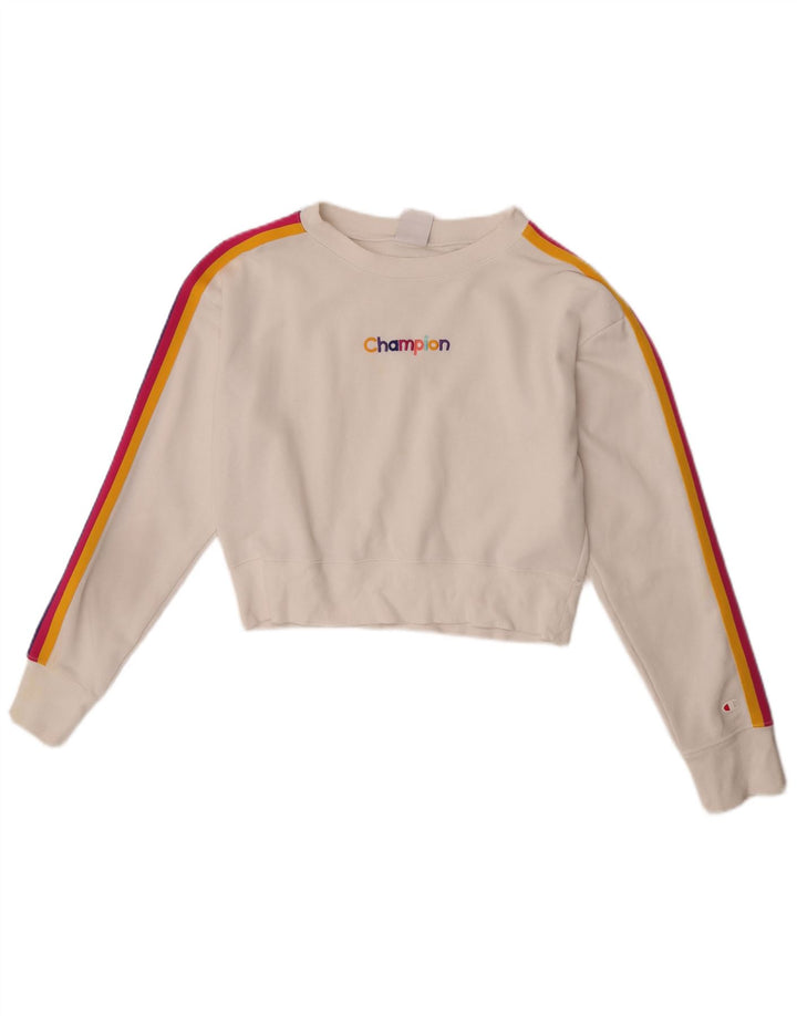Champion Womens Crop Sweatshirt Jumper UK 14 Medium Off White Bomuld