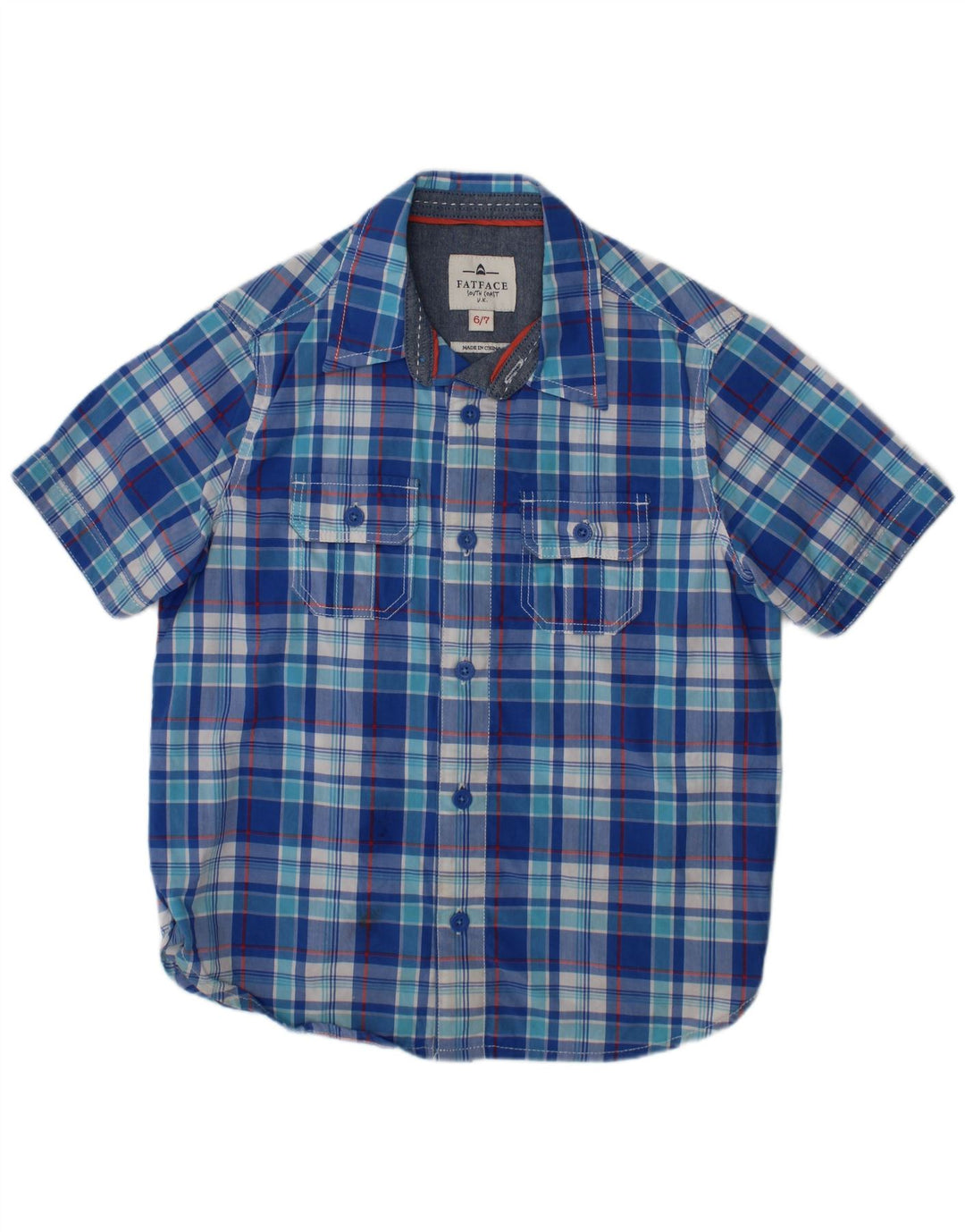 FAT FACE Boys Short Sleeve Shirt 6-7 Years Blue Check Cotton