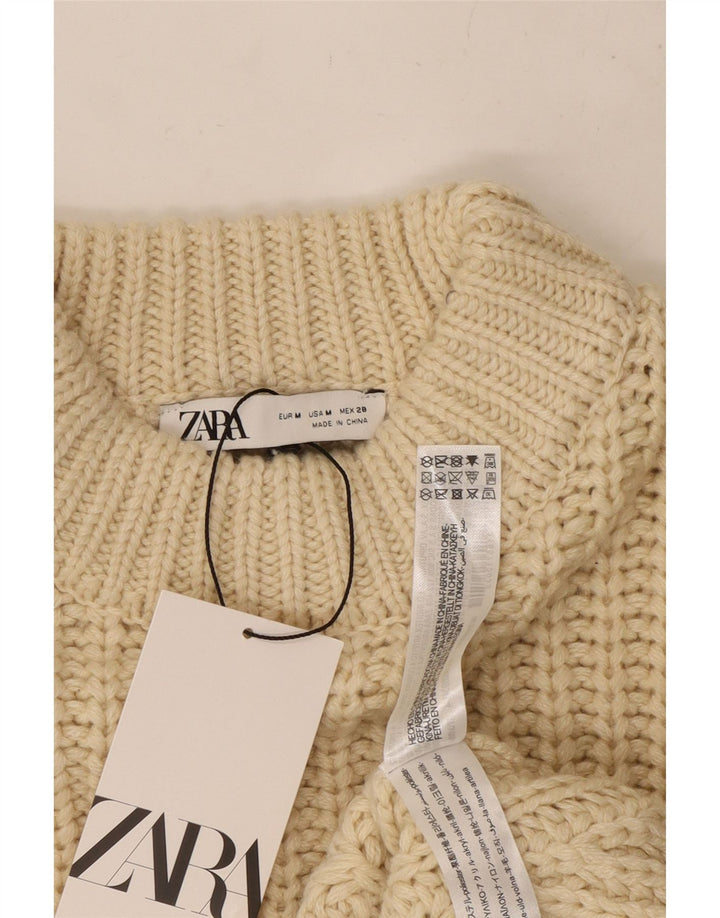 ZARA Dame Crop Turtle Neck Jumper Sweater UK 14 Medium Beige Polyester