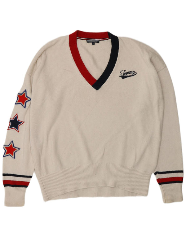 Tommy Hilfiger Herre grafisk V-hals sweater XL Hvidstribet bomuld