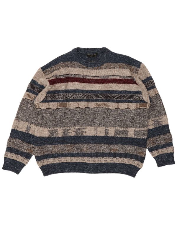 Vintage herre rund hals sweater stor flerfarvet stribet