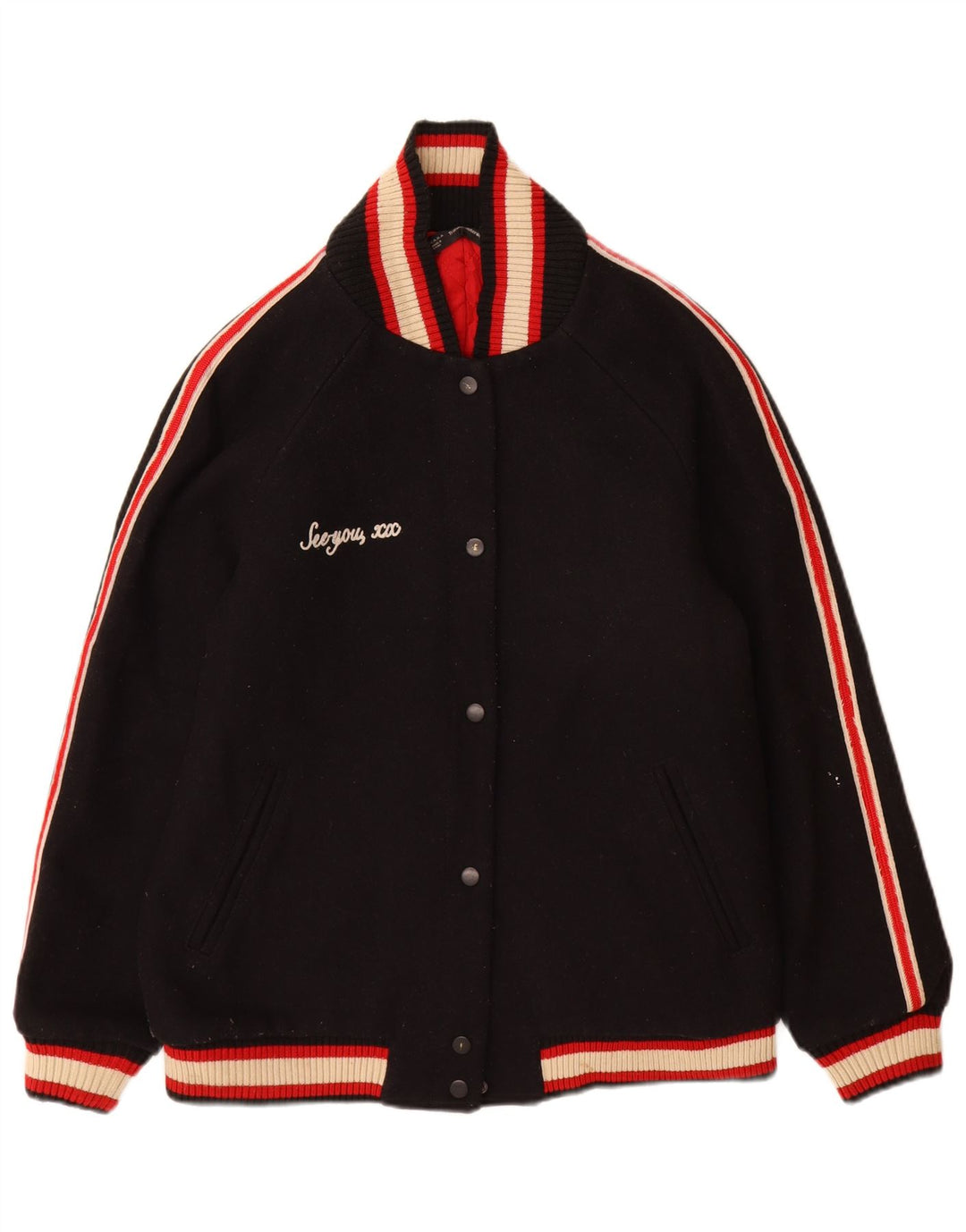 Zara Dame Trafaluc Grafisk Varsity Jacket UK 16 Large Black Colourblock
