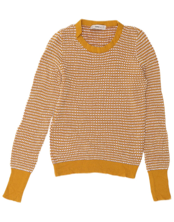 ZARA Womens Crop Crew Neck Jumper Sweater UK 14 Medium Yellow Geometric
