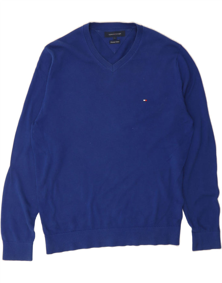 TOMMY HILFIGER Mens V-Neck Jumper Sweater Large Blue Cotton Vintage Tommy Hilfiger and Second-Hand Tommy Hilfiger from Messina Hembry 