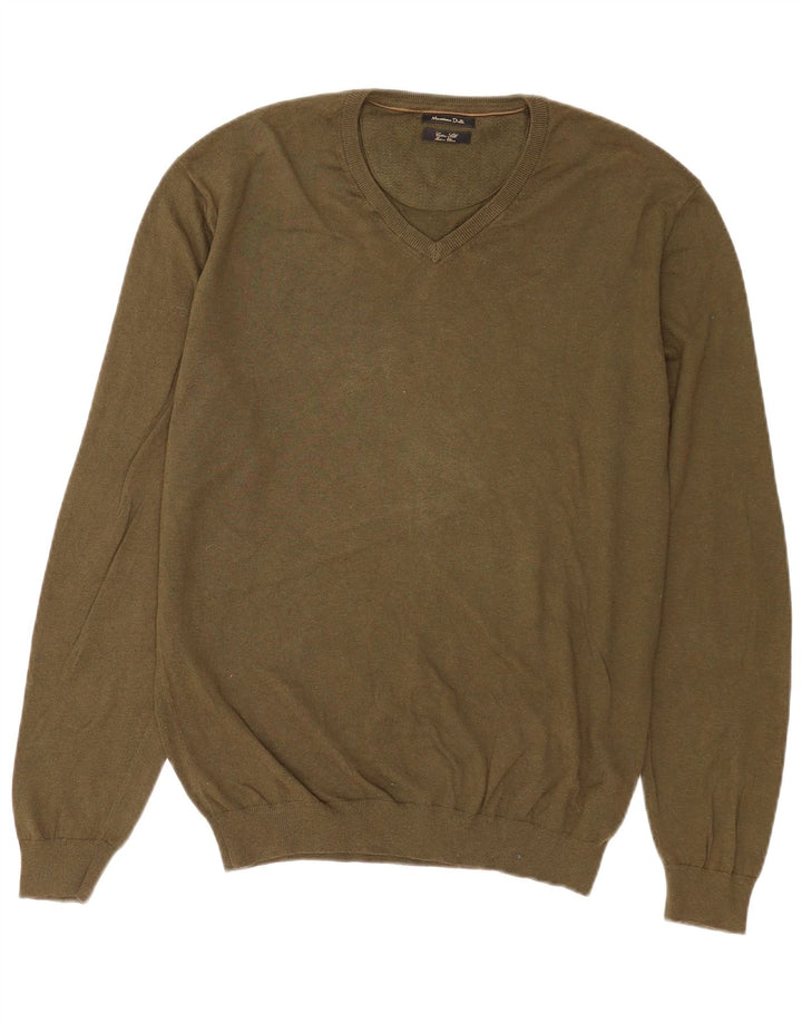Massimo Dutti Herre V-hals sweater XL Khaki Bomuld
