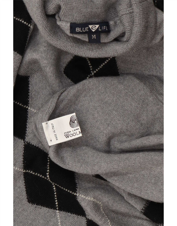 Vintage Dame Roll Neck Jumper Sweater UK 14 Medium Grey Argyle/Diamond