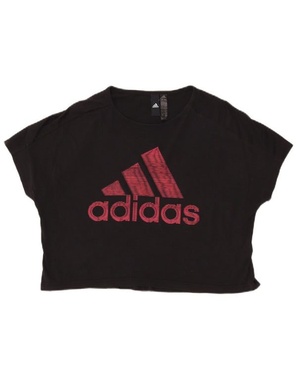 ADIDAS Dame Crop Grafisk T-Shirt Top UK 12/14 Medium Sort Bomuld