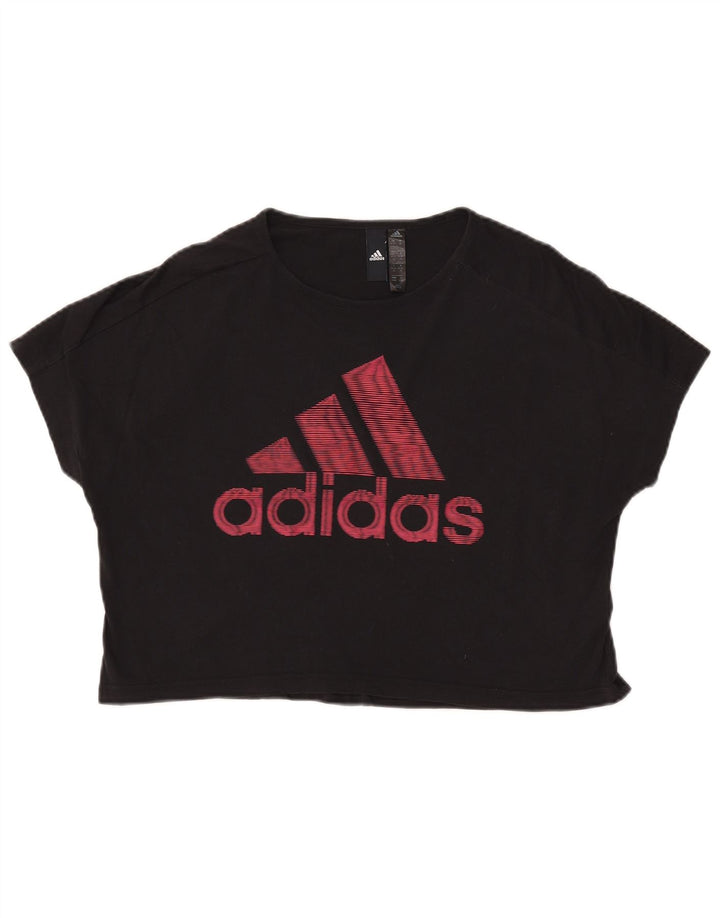 ADIDAS Dame Crop Grafisk T-Shirt Top UK 12/14 Medium Sort Bomuld