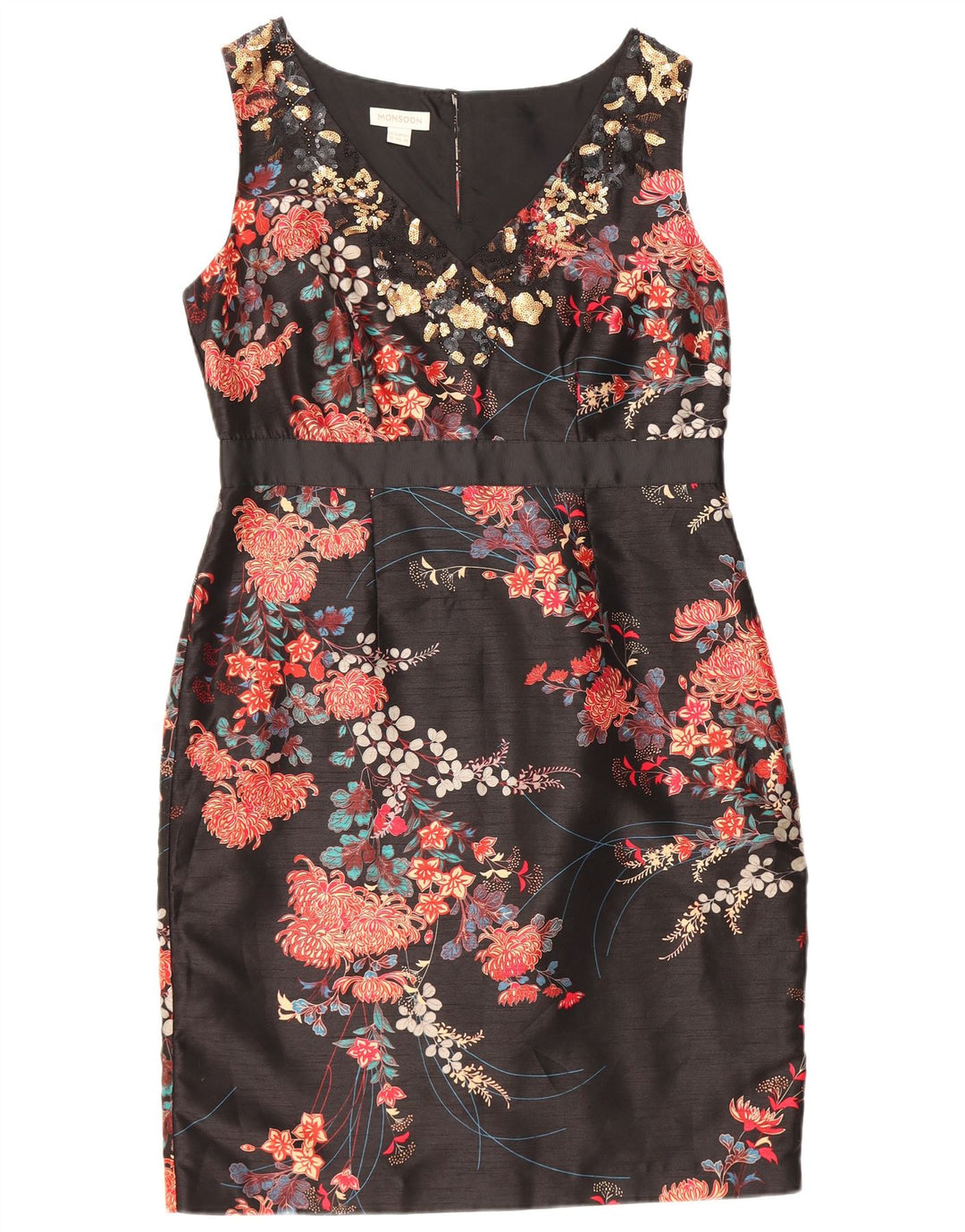 MONSOON Womens Sleeveless Sheath Dress UK 14 Large Black Floral Polyester