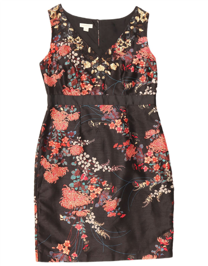 MONSOON Womens Sleeveless Sheath Dress UK 14 Large Black Floral Polyester