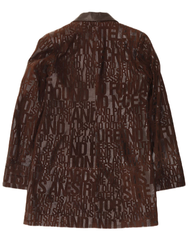 Vintage Kvinders grafisk læderfrakke UK 14 medium brunt læder