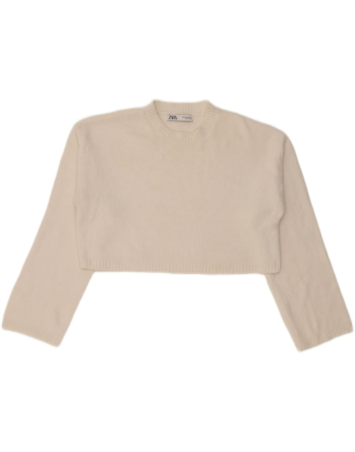 Zara Womens Crop Crew Neck Jumper Sweater UK 14 Medium White Nylon