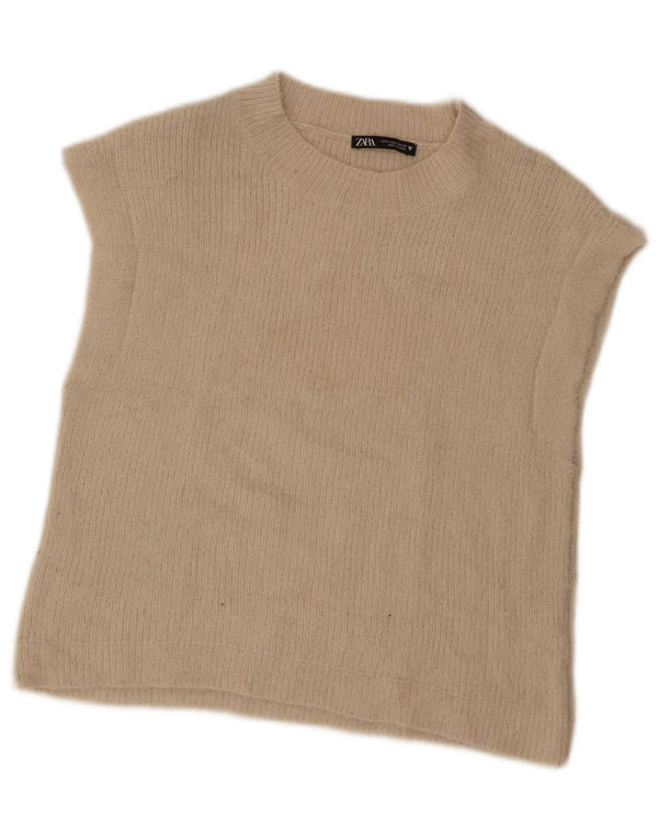 Zara Womens Crop Vest Tank Top UK 10 Small Beige Acryl