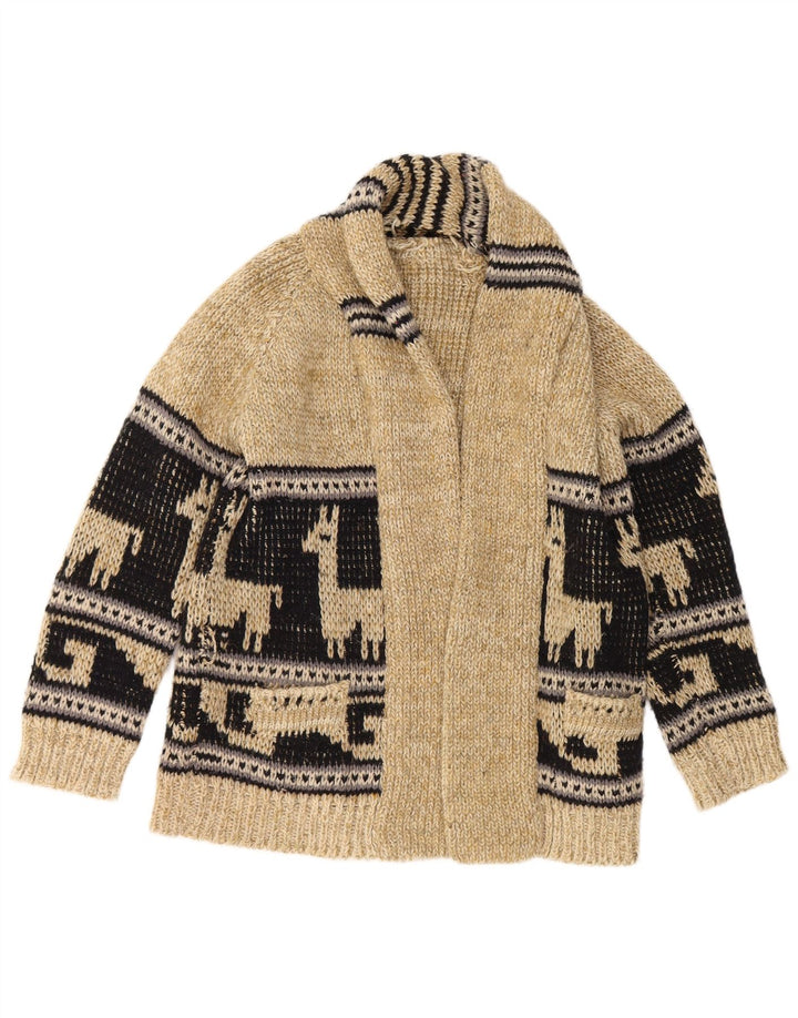 Vintage Herre grafisk åben cardigan sweater Medium Beige Colourblock