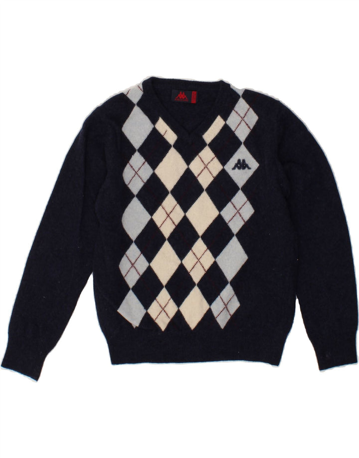 KAPPA Boys V-Neck Jumper Sweater 7-8 Years Medium Navy Blue Argyle/Diamond Vintage Kappa and Second-Hand Kappa from Messina Hembry 