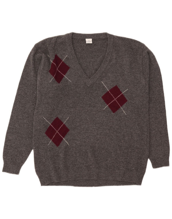 Vintage Herre V-hals sweater IT 52 Large Grey Argyle/Diamond