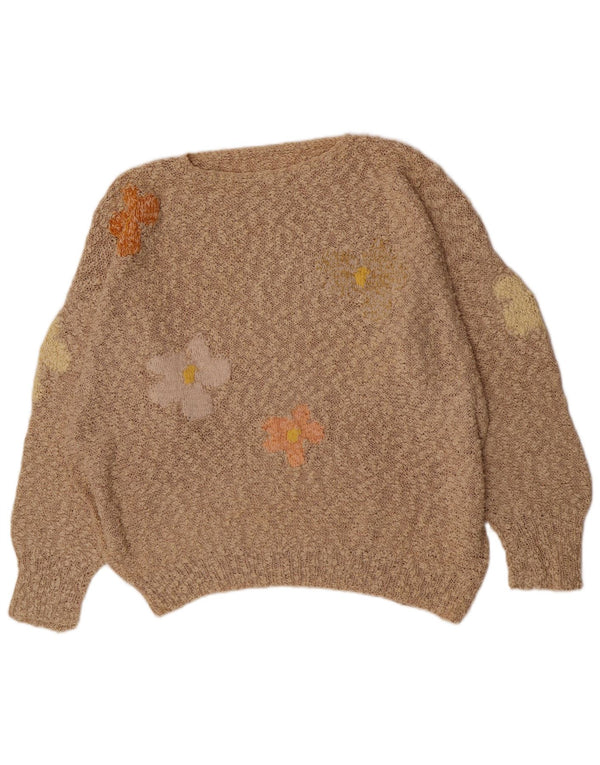 Vintage Womens Relaxed Fit Boat Neck Jumper Sweater UK 20 2XL Beige Floral