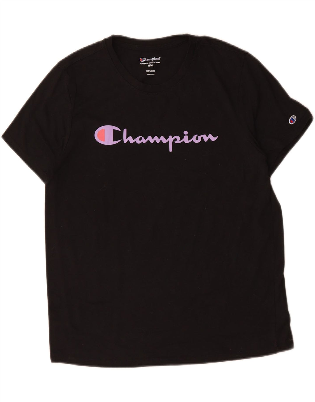CHAMPION Dame Grafisk T-Shirt Top UK 14 Medium Sort Bomuld