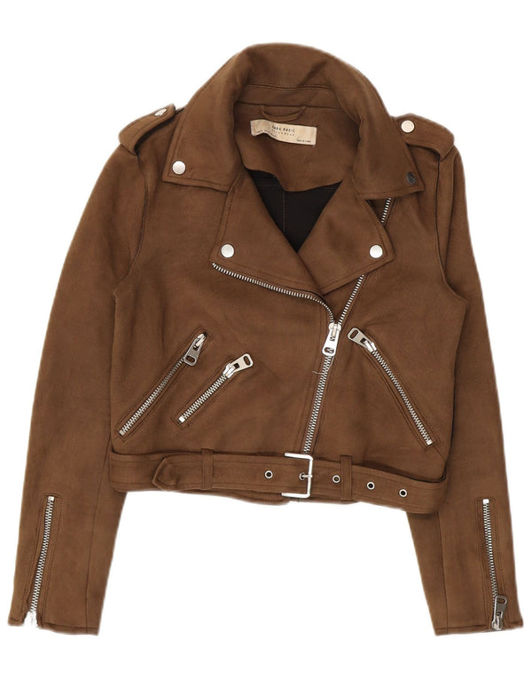 Zara Womens Crop Biker Jacket UK 6 XS Brun