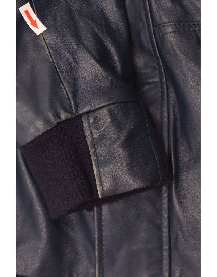 VINTAGE Læderjakke med hætte til kvinder UK 14 Stor marineblå læder