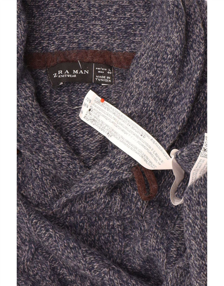 Zara Herre Shawl Neck Jumper Sweater Large Navy Blue Flecked Wool