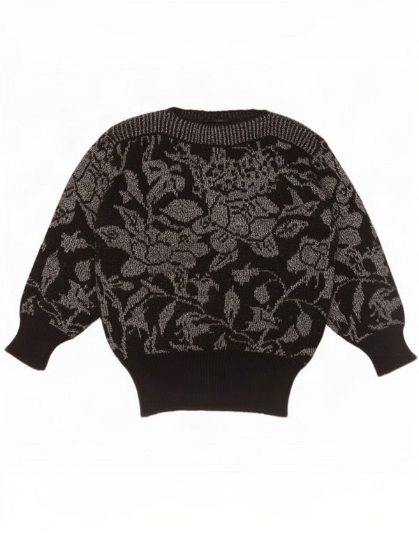 Vintage Dame Boat Neck Jumper Sweater UK 16 Large Black Floral Wool